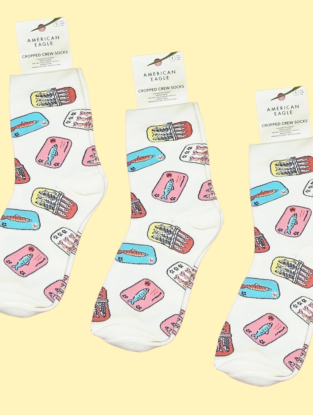 American Eagle Sardine Socks Cropped Crew Socks Cream Fish Novelty Trendy 3 Pair